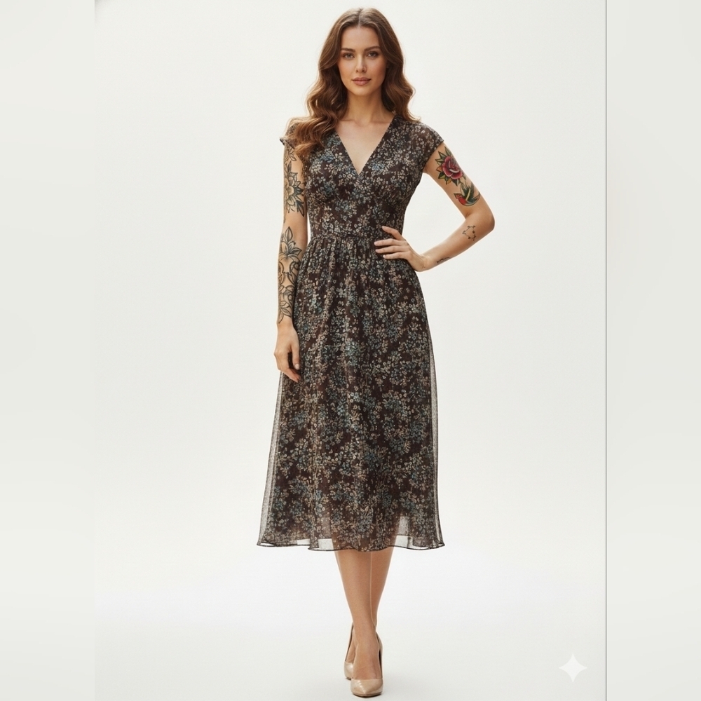 VTG 90s Jonathan Martin Brown‎ Floral Midi Dress w/ Slip Sheer Overlay XS/S USA